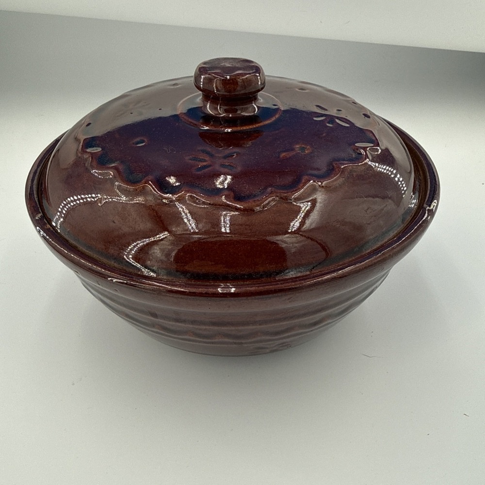 Vtg 1950's Marcrest Daisy Dot Brown Medium Covered Casserole Dish Stoneware USA